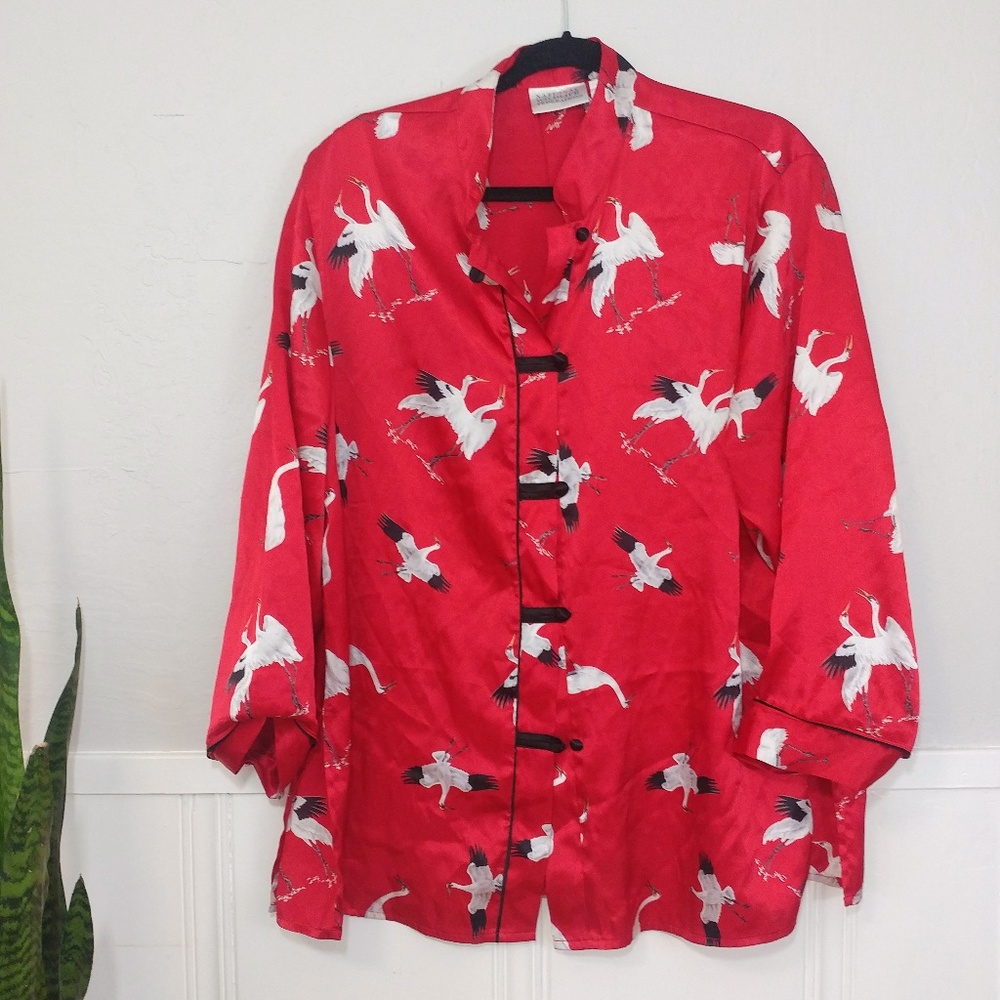 Vintage Red Stork Print Kimono Shirt Top